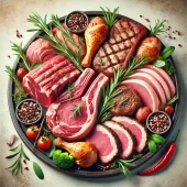 DALL·E 2025-03-10 21.53.50 - A beautifully arranged meat platter featuring fresh cuts of beef, pork, and chicken. The platter should include marbled beef steaks, pork chops, chick